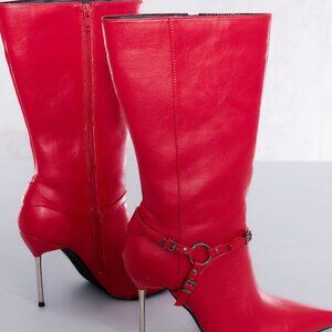 Pretty Little Thing Red PU Point Toe Buckle Strap Heeled Ankle Boots Size 8 NIB